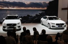 2018 Volvo XC60 (L) and Volvo S90 are displayed at the 2017 New York International Auto Show