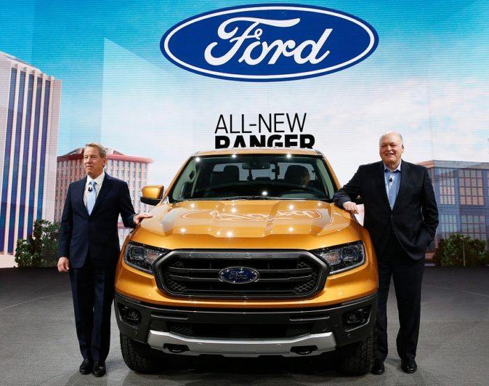 Jim Hackett and Bill Ford presents 2019 ford ranger during the ford press january 14 2018