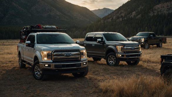 A group of trucks parked in a field